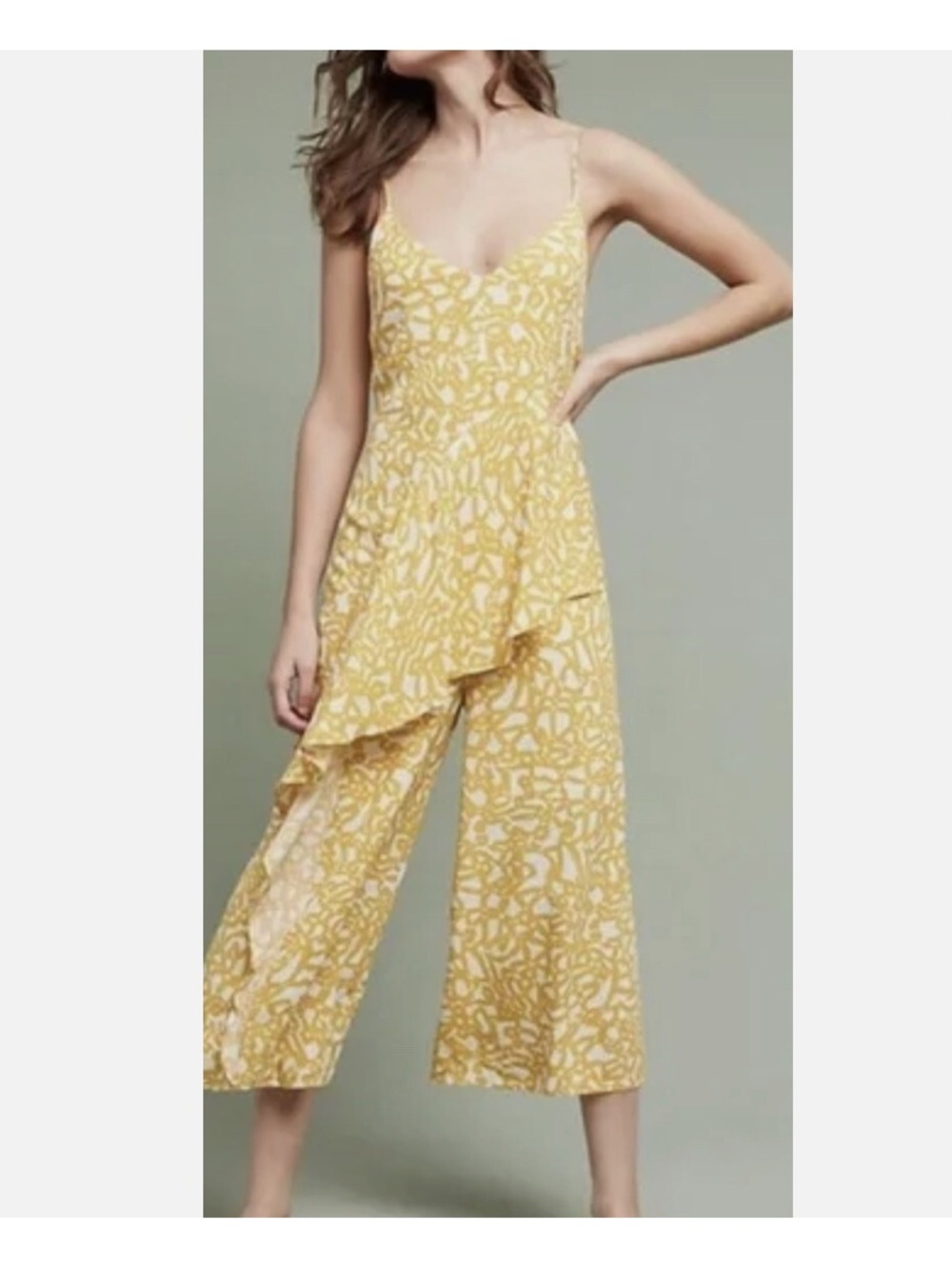Maeve Yellow & White Printed Spaghetti-Strap Wide-Leg Jumpsuit